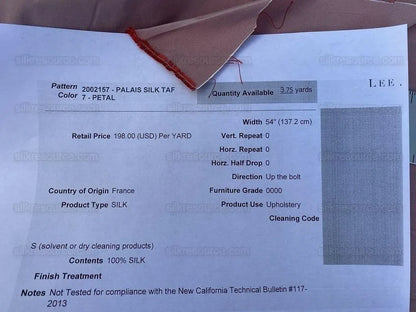 By Yard Lee Jofa Palais 100% Silk Taffeta Petal Pink Fr France $199/y