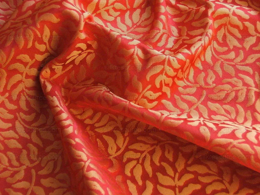 SCALAMANDRE 100%Silk JARQUARD MINI FOLIAGE Red & Gold Yellow