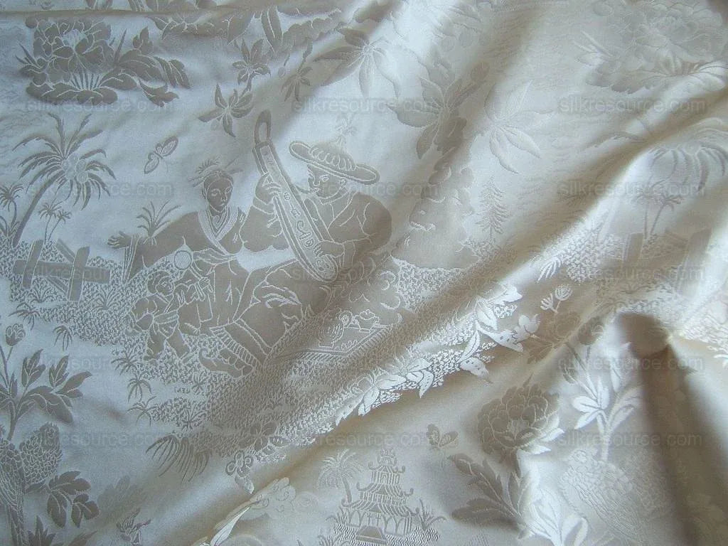 100%silk Chinoisery Music Garden Toile "pearl" Pearly White Superb Quality