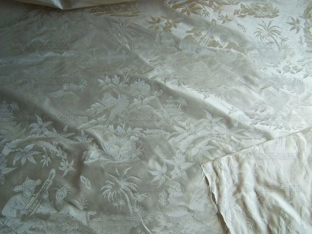 100%silk Chinoisery Music Garden Toile "pearl" Pearly White Superb Quality