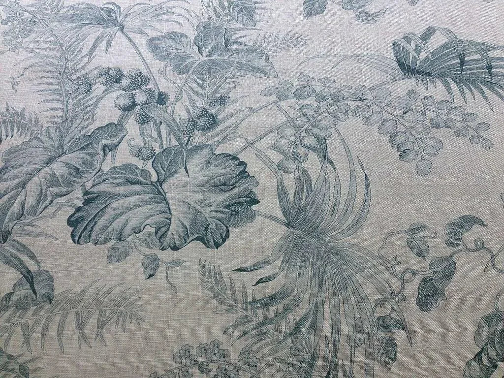 Scalamandre Tropical Toile Linen Gustavian Blue and Ivory White Butterfly Fern Palm Berry MSRP USD 215