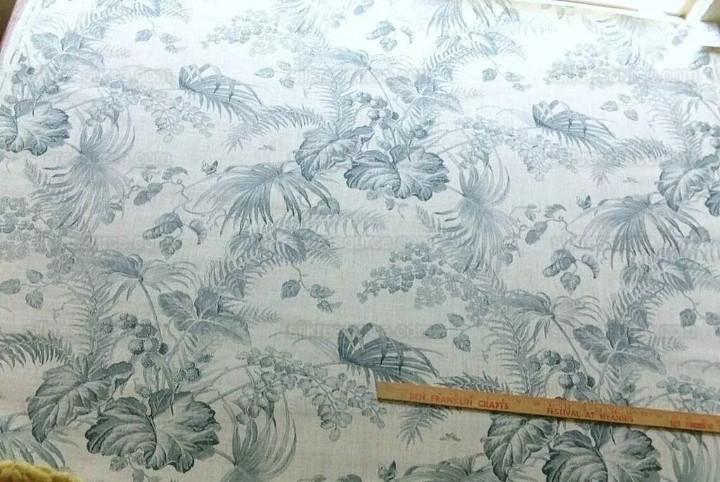 Scalamandre Tropical Toile Linen Gustavian Blue and Ivory White Butterfly Fern Palm Berry MSRP USD 215