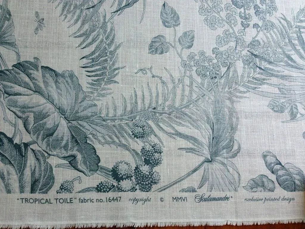 Scalamandre Tropical Toile Linen Gustavian Blue and Ivory White Butterfly Fern Palm Berry MSRP USD 215