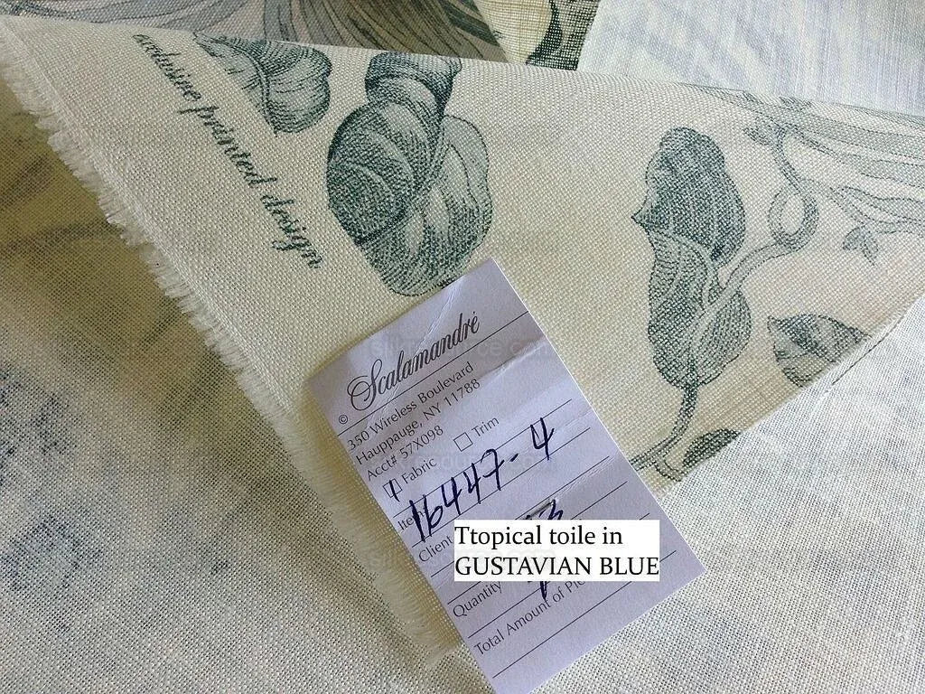 Scalamandre Tropical Toile Linen Gustavian Blue and Ivory White Butterfly Fern Palm Berry MSRP USD 215