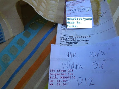 Bty Scalamandre Jazzy Stripe Blue Straw On Taupe Aqua Orange Lime Green Taupe Silk Linen MSRP USD212/yard