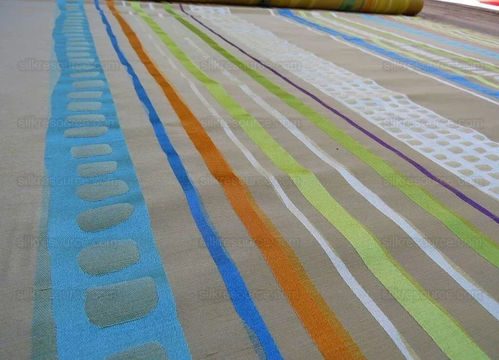 Bty Scalamandre Jazzy Stripe Blue Straw On Taupe Aqua Orange Lime Green Taupe Silk Linen MSRP USD212/yard