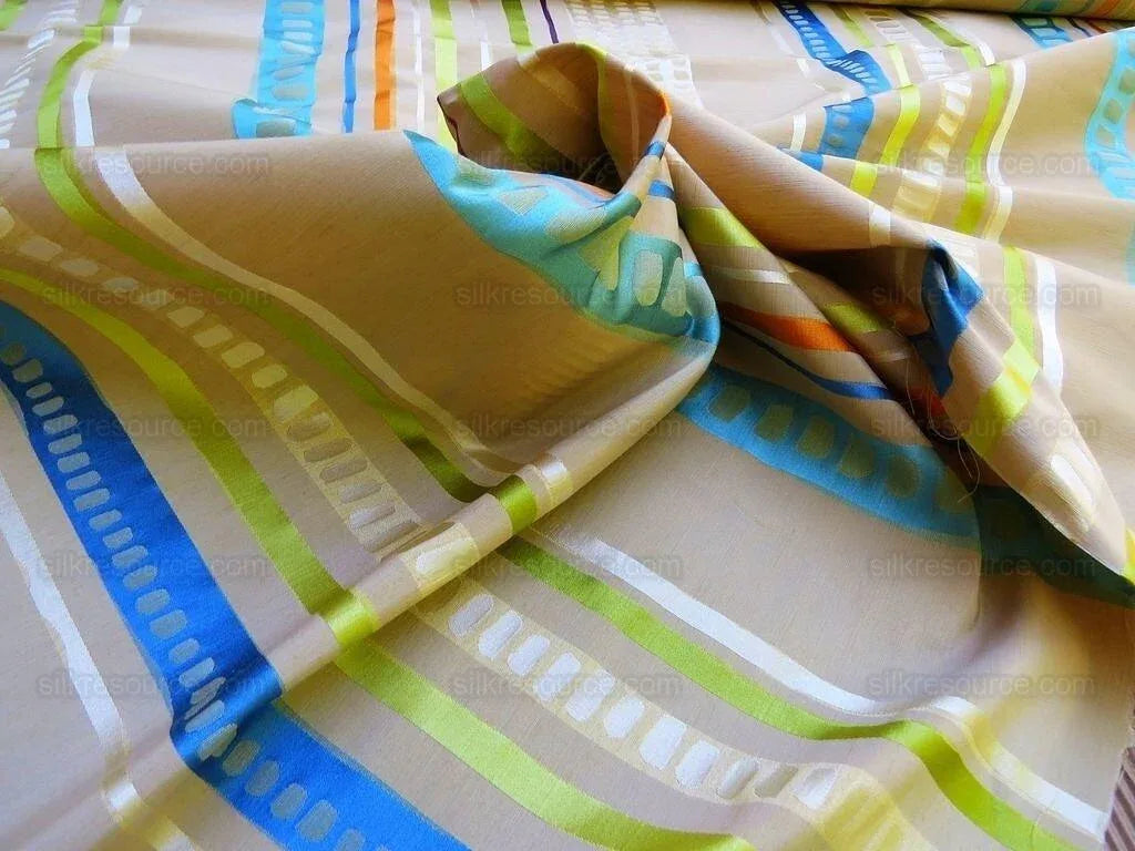 Bty Scalamandre Jazzy Stripe Blue Straw On Taupe Aqua Orange Lime Green Taupe Silk Linen MSRP USD212/yard