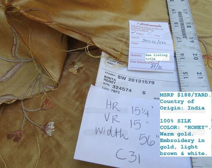 12.5yd Scalamandre Binita Honey Gold Silk Embroidery MSRP USD 188/Y