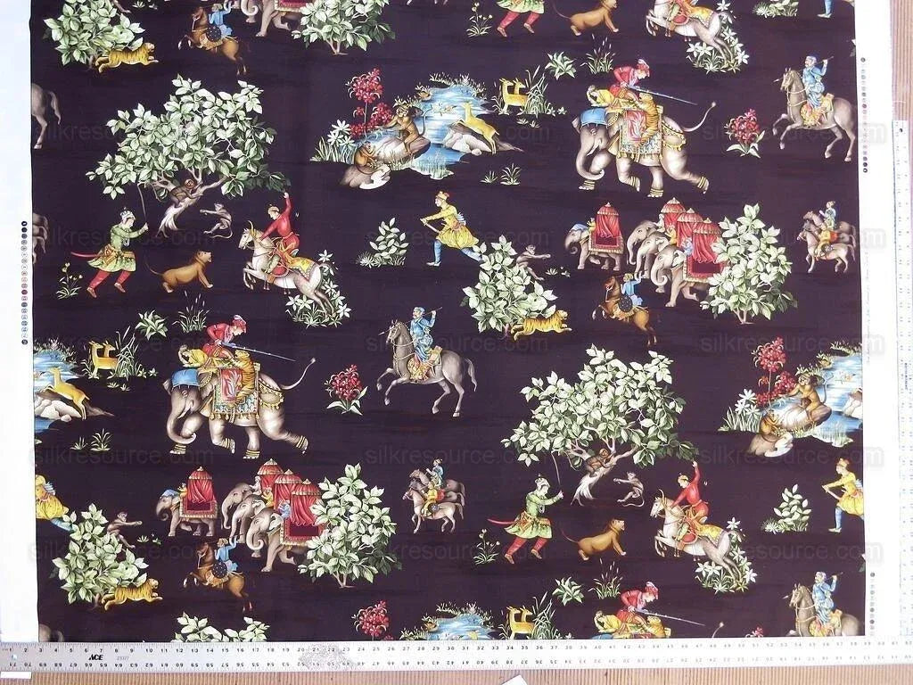 By yard Scalamandre Shah Jahan Chocolate Brown Lion Elephant Monkey Print Hunting India  Mughal Emperor MSRP USD 332Y