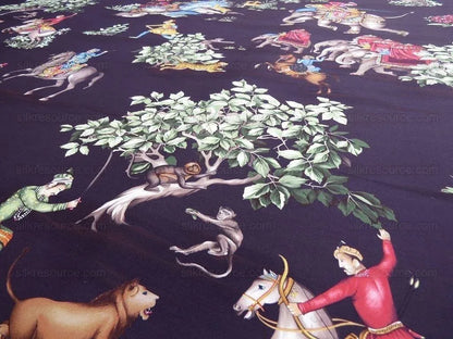 By yard Scalamandre Shah Jahan Chocolate Brown Lion Elephant Monkey Print Hunting India  Mughal Emperor MSRP USD 332Y