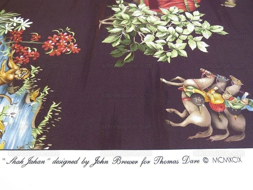 By yard Scalamandre Shah Jahan Chocolate Brown Lion Elephant Monkey Print Hunting India  Mughal Emperor MSRP USD 332Y