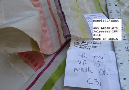 1y Scalamandre Jazzy Stripe Silk Rose/cream Pink Red Green Lime On Taupe Grey MSRP USD 212