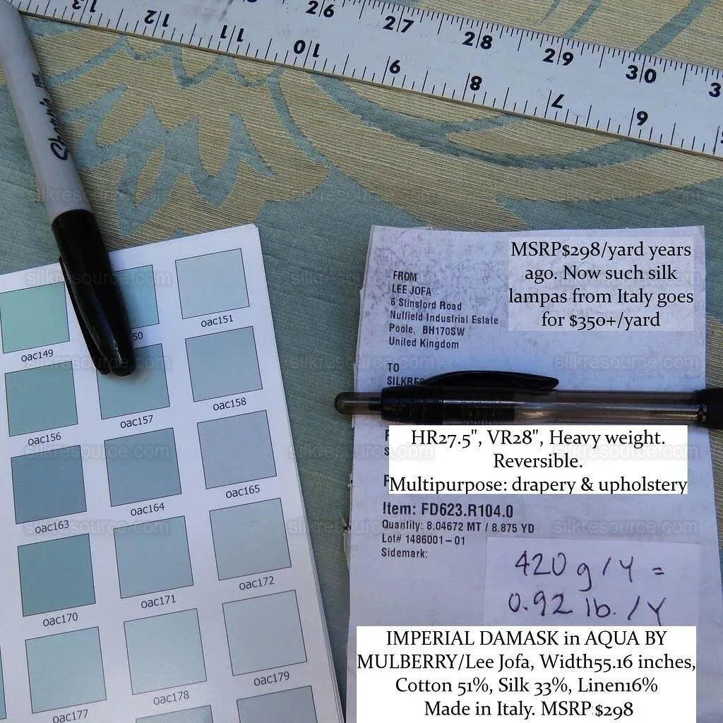 ***SOLD*** By Yd Lee Jofa Imperial Damask In Aqua Neo-classic Blue Gold MSRP USD 298/Y