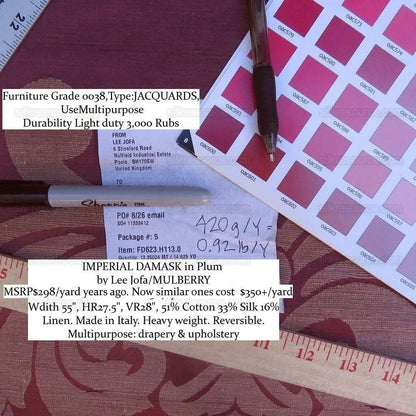 By Yd Lee Jofa Imperial Damask In Plum Neo-classic Purple Red Cotton Silk Medallion Renaissance MSRP USD 298/Y