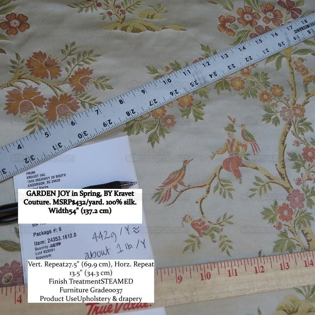 2.5y Kravet Couture Silk Garden Joy In Spring Flower Bird Chinoiserie MSRP USD 432/Y