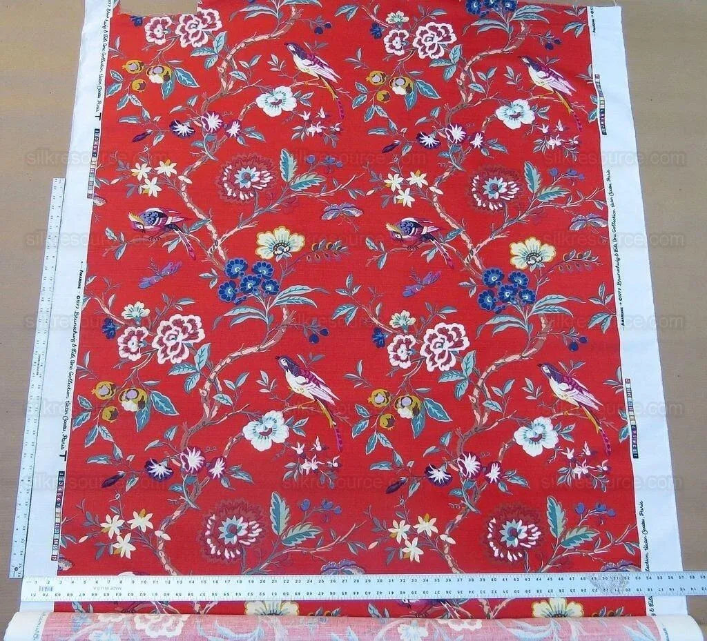 Bty Brunschwig &amp; Fils Amandine Red Chinioserie Bird Flower Tree of Life Print Chintz Cotton Linen