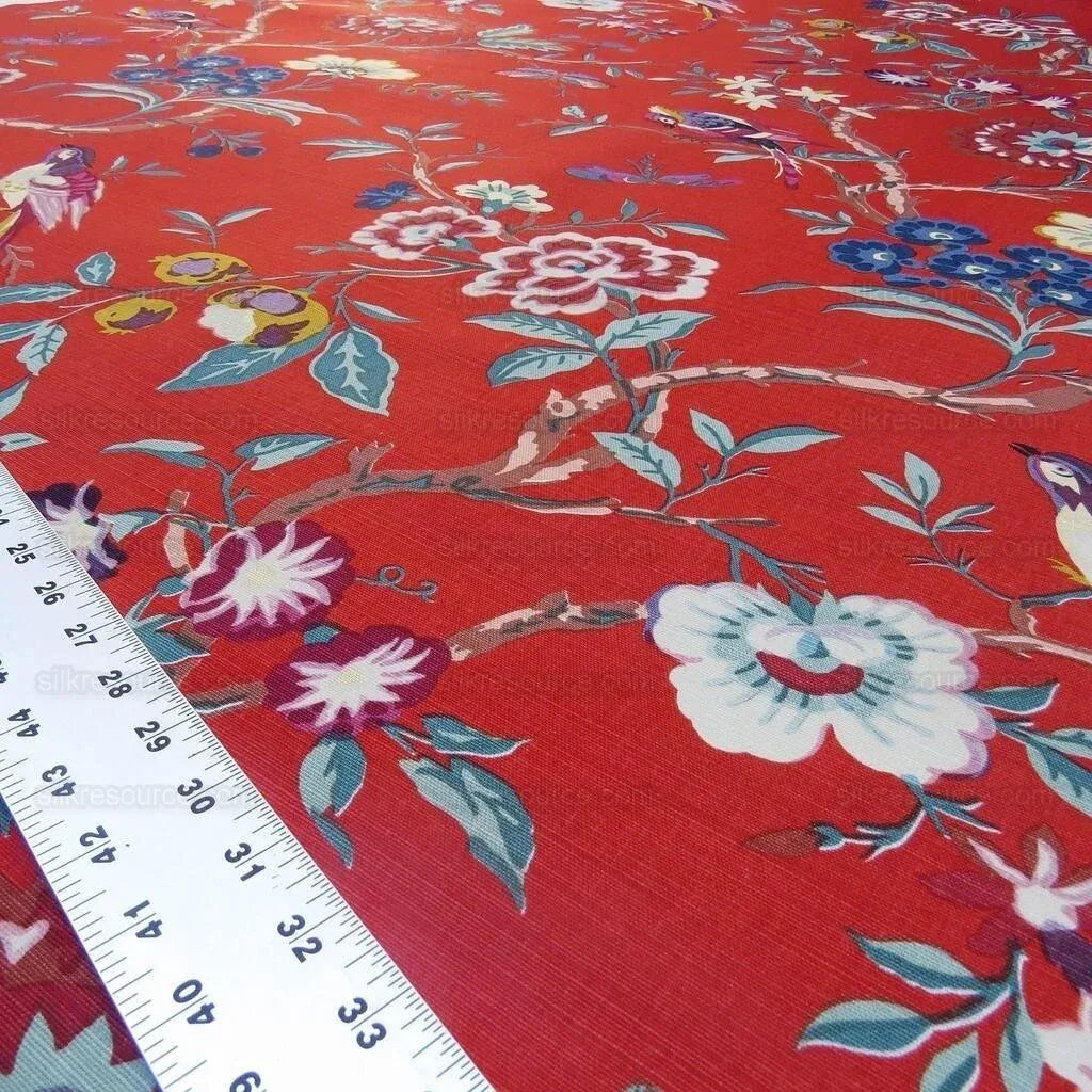 Bty Brunschwig &amp; Fils Amandine Red Chinioserie Bird Flower Tree of Life Print Chintz Cotton Linen