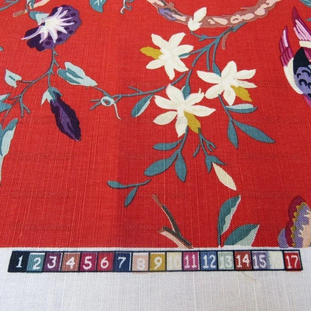 Bty Brunschwig &amp; Fils Amandine Red Chinioserie Bird Flower Tree of Life Print Chintz Cotton Linen