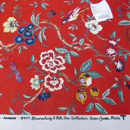Bty Brunschwig &amp; Fils Amandine Red Chinioserie Bird Flower Tree of Life Print Chintz Cotton Linen