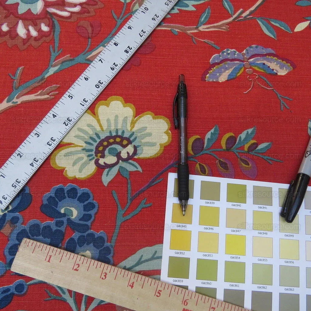 Bty Brunschwig &amp; Fils Amandine Red Chinioserie Bird Flower Tree of Life Print Chintz Cotton Linen