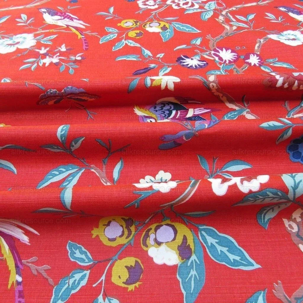 Bty Brunschwig &amp; Fils Amandine Red Chinioserie Bird Flower Tree of Life Print Chintz Cotton Linen