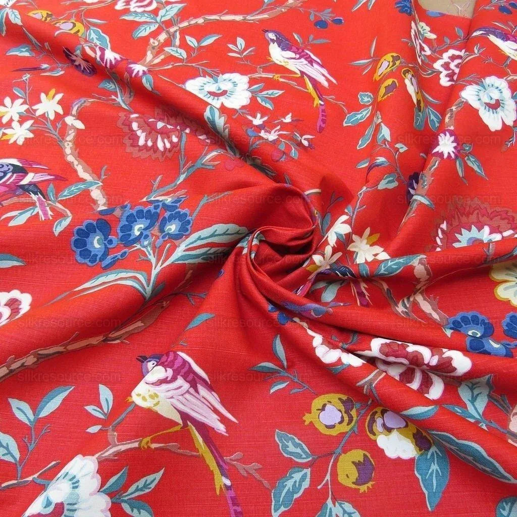 Bty Brunschwig &amp; Fils Amandine Red Chinioserie Bird Flower Tree of Life Print Chintz Cotton Linen