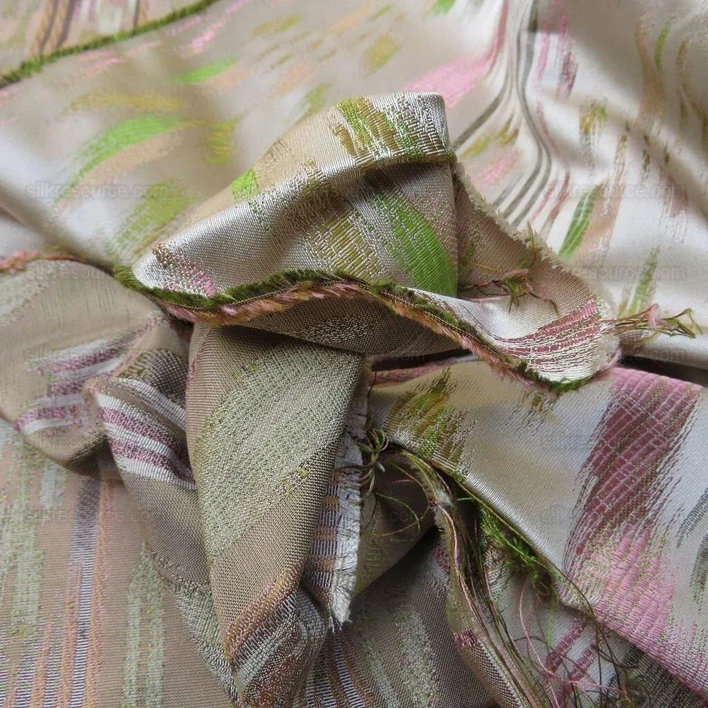 By Yd Lee Jofa Ikat Silk Shell Leaf Pink Green Stripe Foliage MSRP USD 220/Y