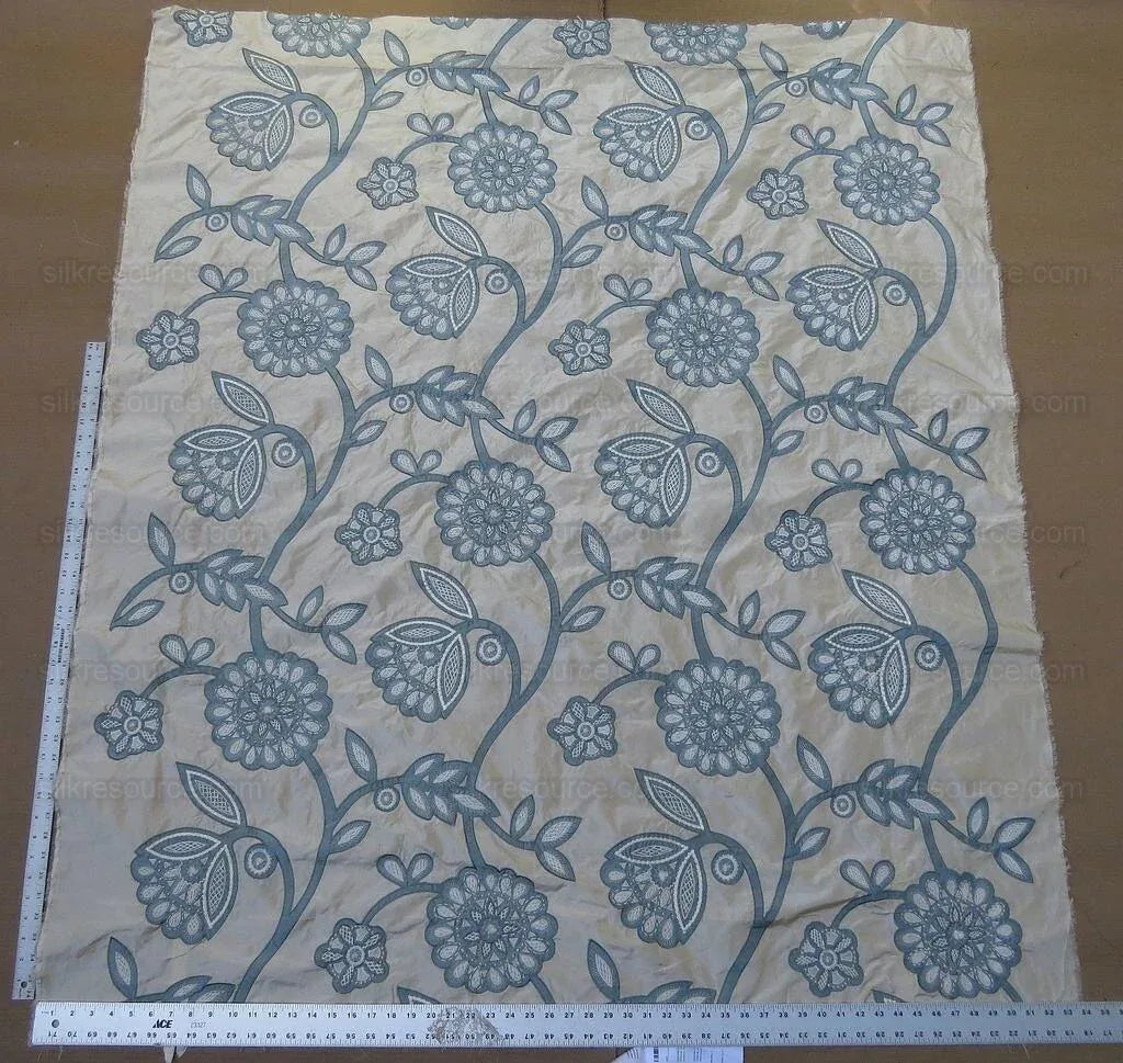 By Yd Lee Jofa Camille Silk Aqua Embroidery On Cream Blue Large Camellia Flora MSRP USD 516/Y