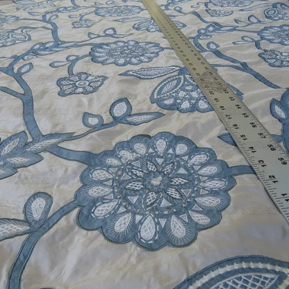 By Yd Lee Jofa Camille Silk Aqua Embroidery On Cream Blue Large Camellia Flora MSRP USD 516/Y