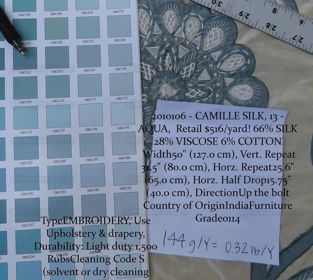 By Yd Lee Jofa Camille Silk Aqua Embroidery On Cream Blue Large Camellia Flora MSRP USD 516/Y