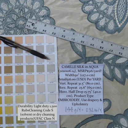 By Yd Lee Jofa Camille Silk Aqua Embroidery On Cream Blue Large Camellia Flora MSRP USD 516/Y