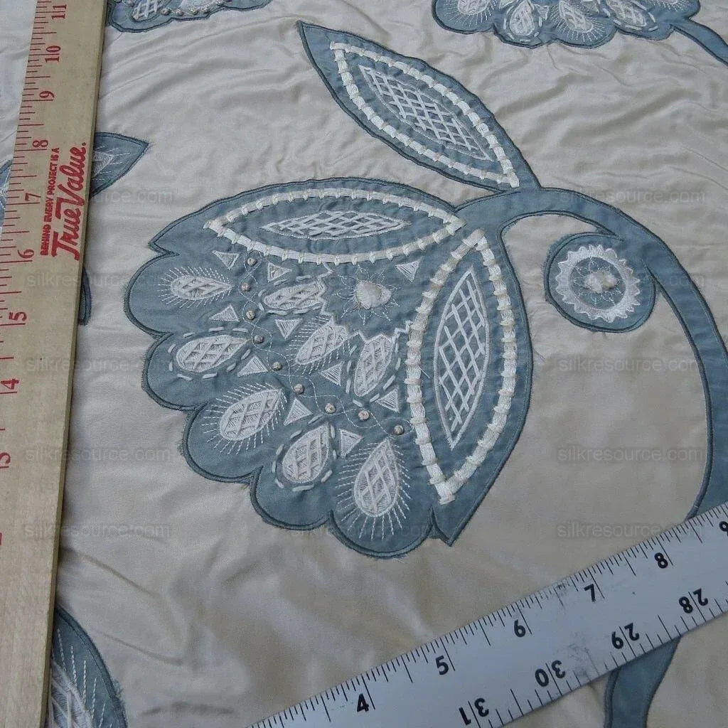 By Yd Lee Jofa Camille Silk Aqua Embroidery On Cream Blue Large Camellia Flora MSRP USD 516/Y