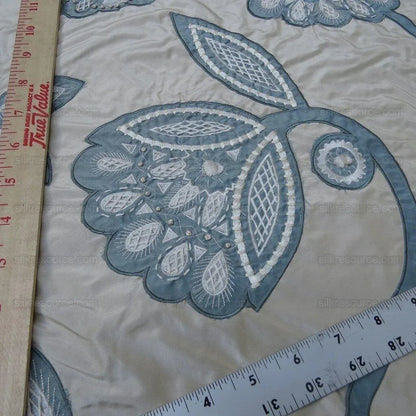 By Yd Lee Jofa Camille Silk Aqua Embroidery On Cream Blue Large Camellia Flora MSRP USD 516/Y