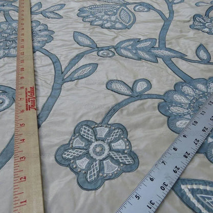 By Yd Lee Jofa Camille Silk Aqua Embroidery On Cream Blue Large Camellia Flora MSRP USD 516/Y