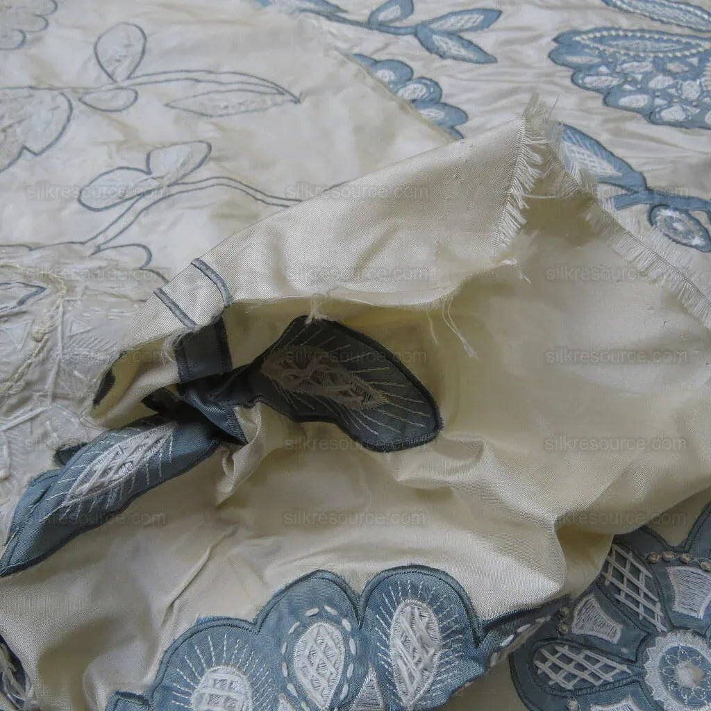 By Yd Lee Jofa Camille Silk Aqua Embroidery On Cream Blue Large Camellia Flora MSRP USD 516/Y