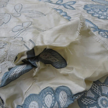 By Yd Lee Jofa Camille Silk Aqua Embroidery On Cream Blue Large Camellia Flora MSRP USD 516/Y