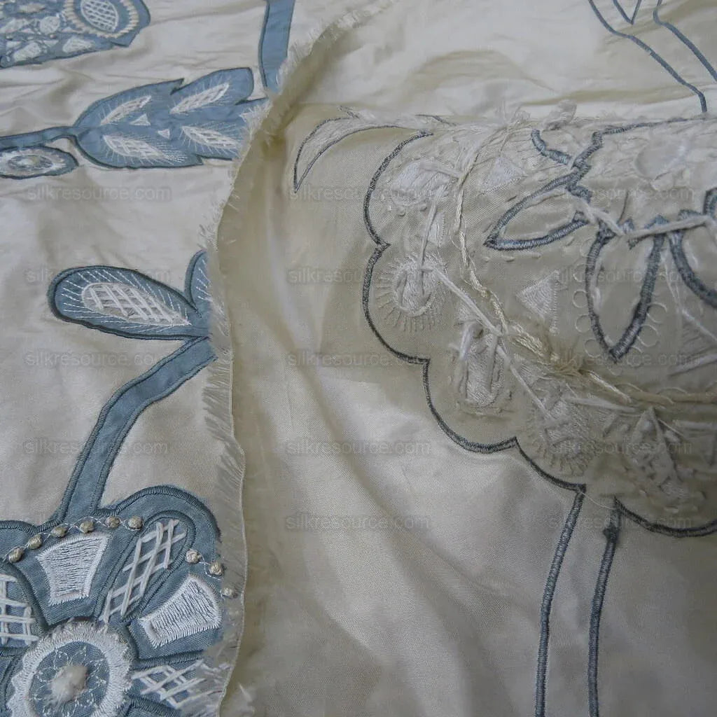 By Yd Lee Jofa Camille Silk Aqua Embroidery On Cream Blue Large Camellia Flora MSRP USD 516/Y