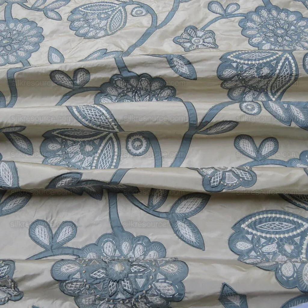 By Yd Lee Jofa Camille Silk Aqua Embroidery On Cream Blue Large Camellia Flora MSRP USD 516/Y