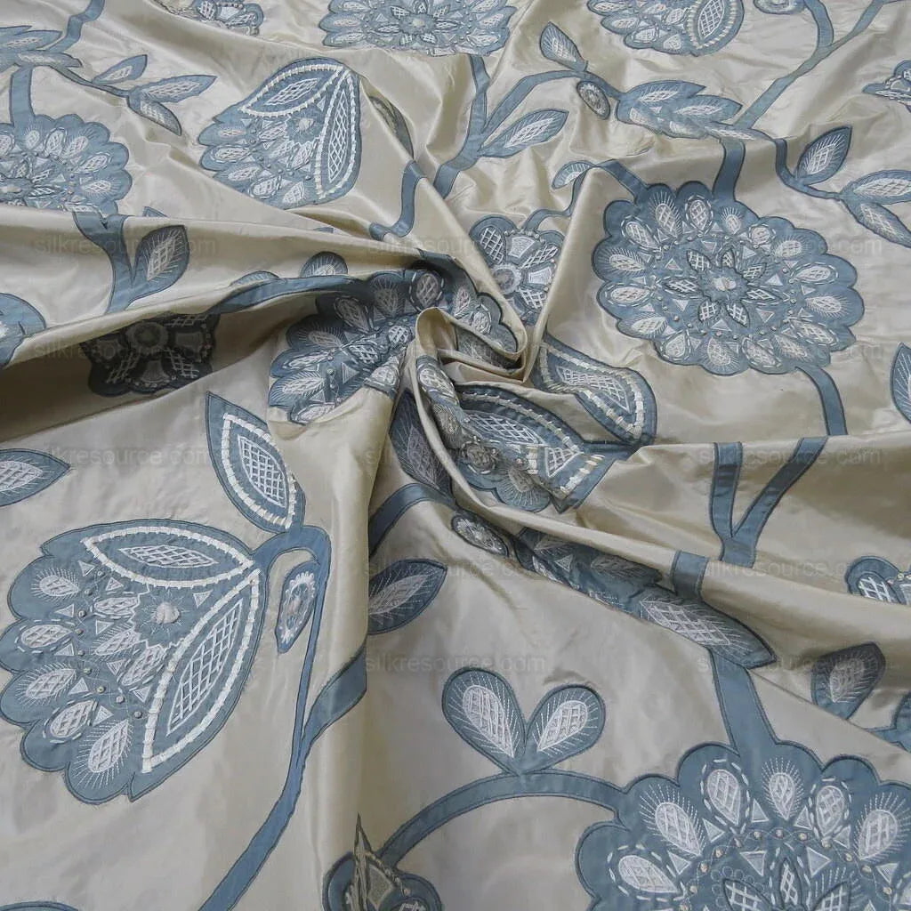 BY YD LEE JOFA CAMILLE SILK AQUA EMBROIDERY on CREAM MSRP$516/Y