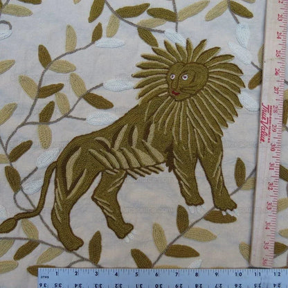 By yard Lee Jofa Hand Crewel Almora Lion Elephant Monkey Safari Gold Brown MSRP USD 316/Y