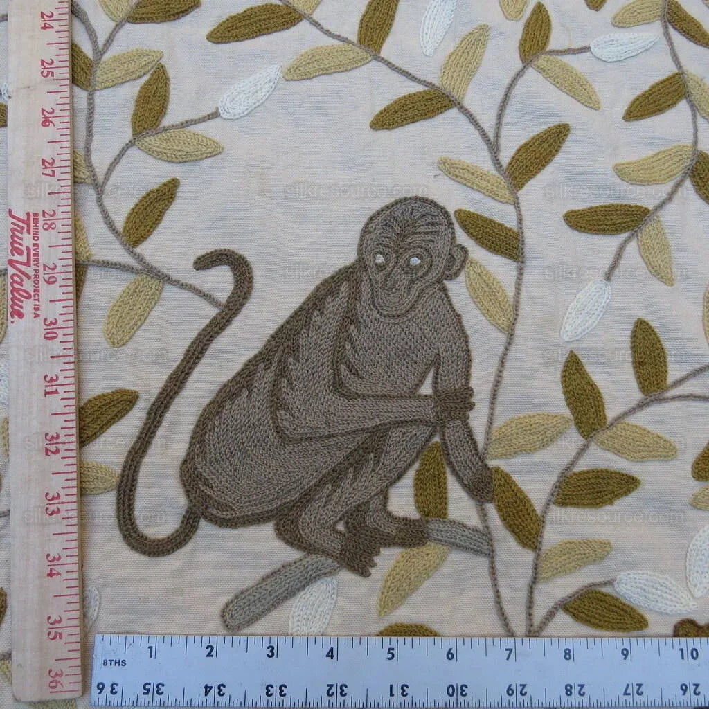 By yard Lee Jofa Hand Crewel Almora Lion Elephant Monkey Safari Gold Brown MSRP USD 316/Y