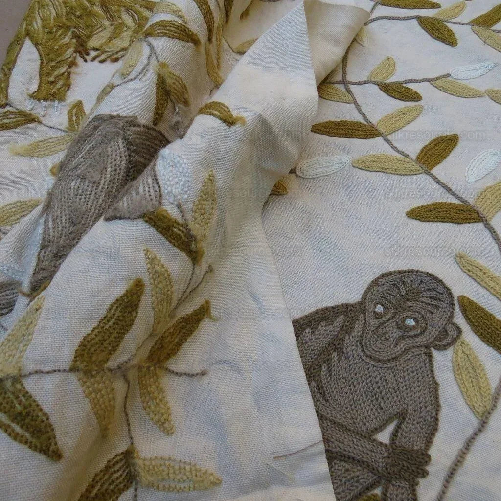 By yard Lee Jofa Hand Crewel Almora Lion Elephant Monkey Safari Gold Brown MSRP USD 316/Y