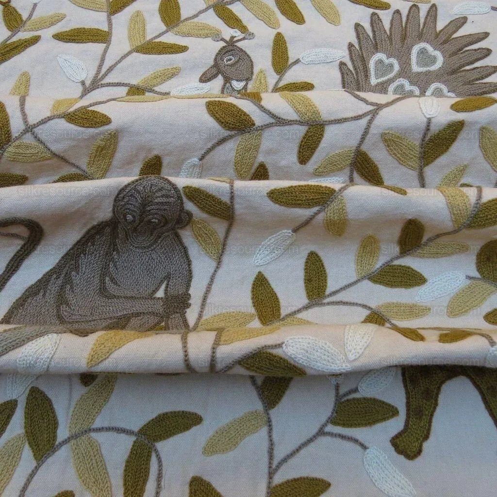 By yard Lee Jofa Hand Crewel Almora Lion Elephant Monkey Safari Gold Brown MSRP USD 316/Y