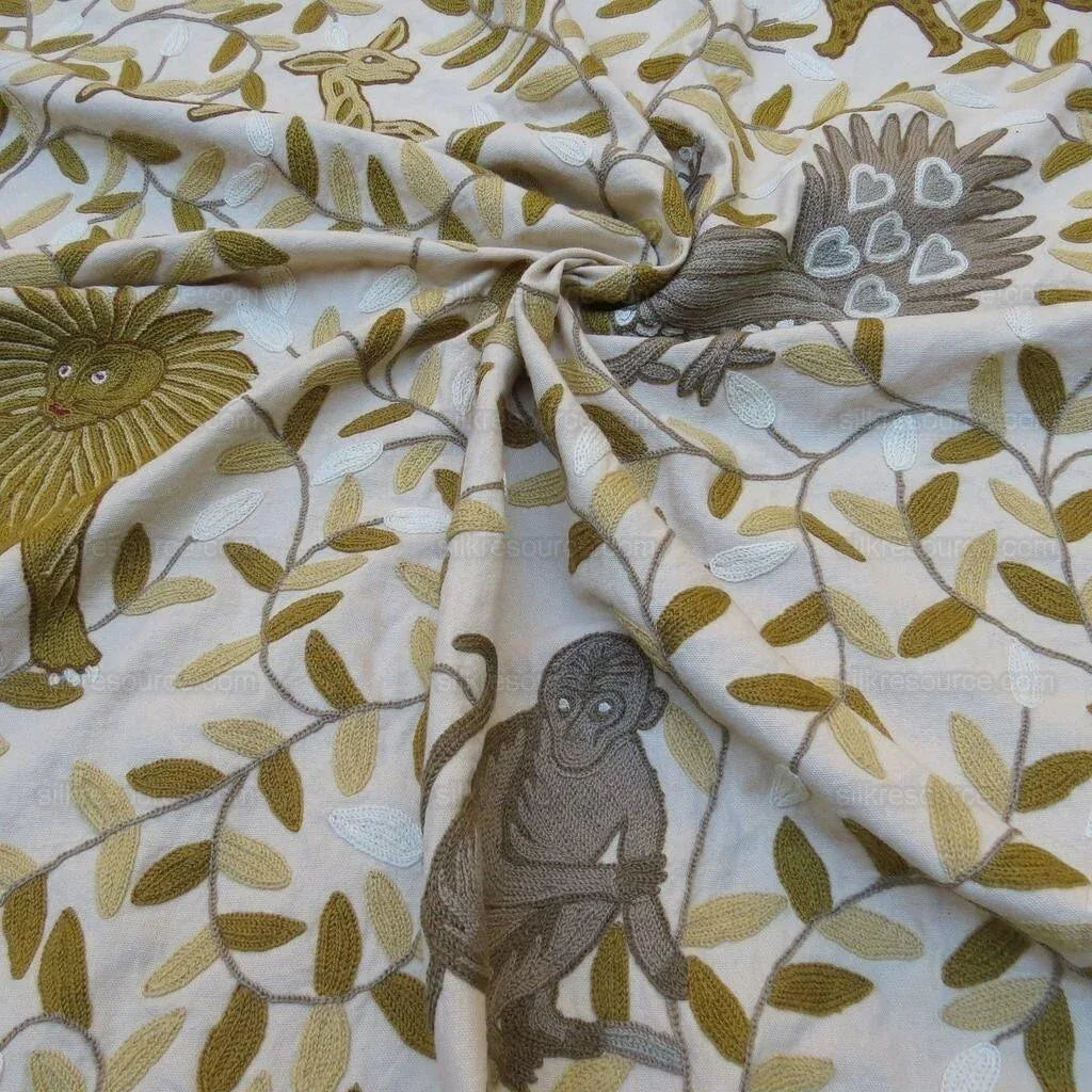 By yard Lee Jofa Hand Crewel Almora Lion Elephant Monkey Safari Gold Brown MSRP USD 316/Y