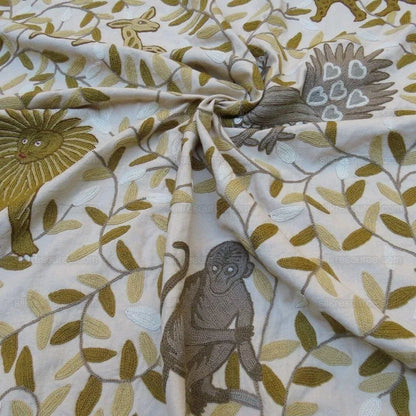 By yard Lee Jofa Hand Crewel Almora Lion Elephant Monkey Safari Gold Brown MSRP USD 316/Y