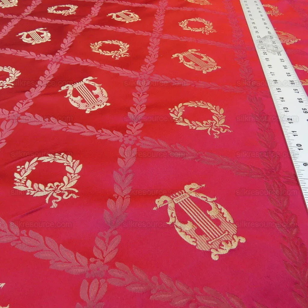 By Yd Kravet Couture Empire Trellis in Crimson Neoclassical Silk Red Gold Neoclassical Laurel Wreath Harp Music Art Crimson MSRP USD368/Y