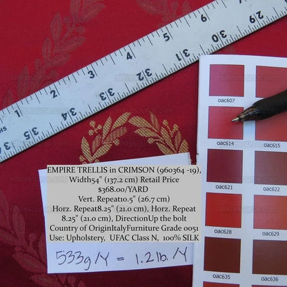 By Yd Kravet Couture Empire Trellis in Crimson Neoclassical Silk Red Gold Neoclassical Laurel Wreath Harp Music Art Crimson MSRP USD368/Y