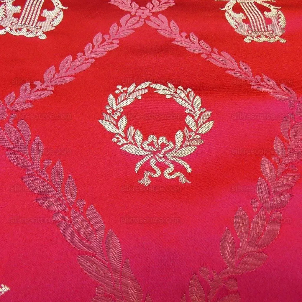 By Yd Kravet Couture Empire Trellis in Crimson Neoclassical Silk Red Gold Neoclassical Laurel Wreath Harp Music Art Crimson MSRP USD368/Y