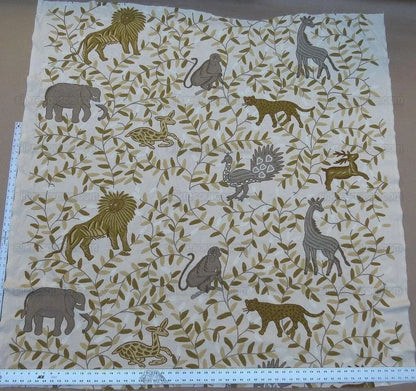 By yard Lee Jofa Hand Crewel Almora Lion Elephant Monkey Safari Gold Brown MSRP USD 316/Y