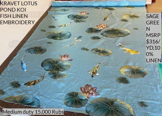 Kravet Lotus Pond Koi Fish Linen Embroidery Sage Green MSRP USD 394Y